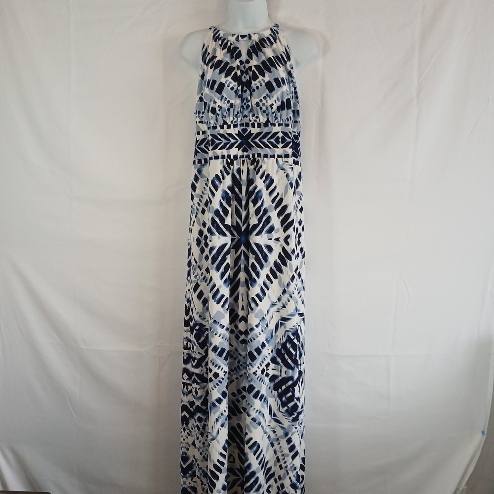 Chico's Sz 1 M Blue White‎ Abstract Print Maxi Dress Keyhole Neck Sleeveless